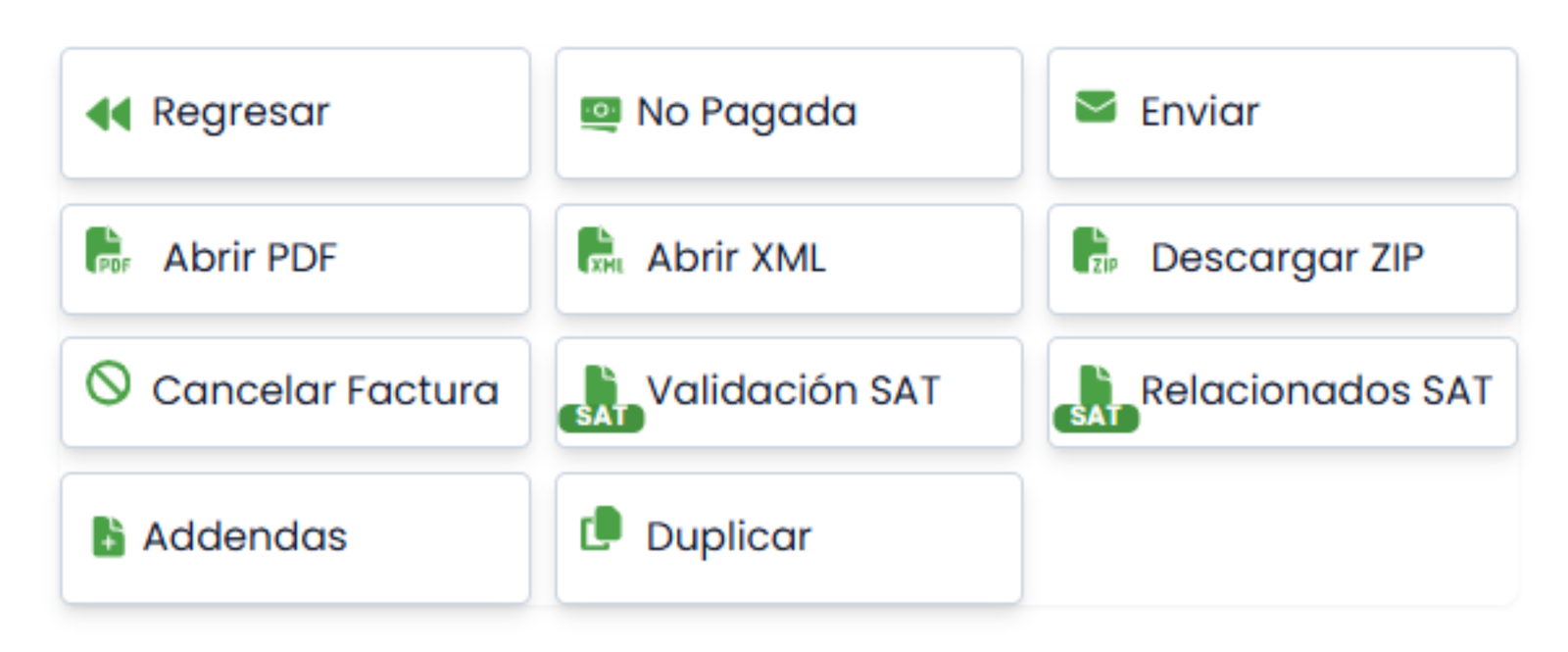Acciones disponibles en cada factura